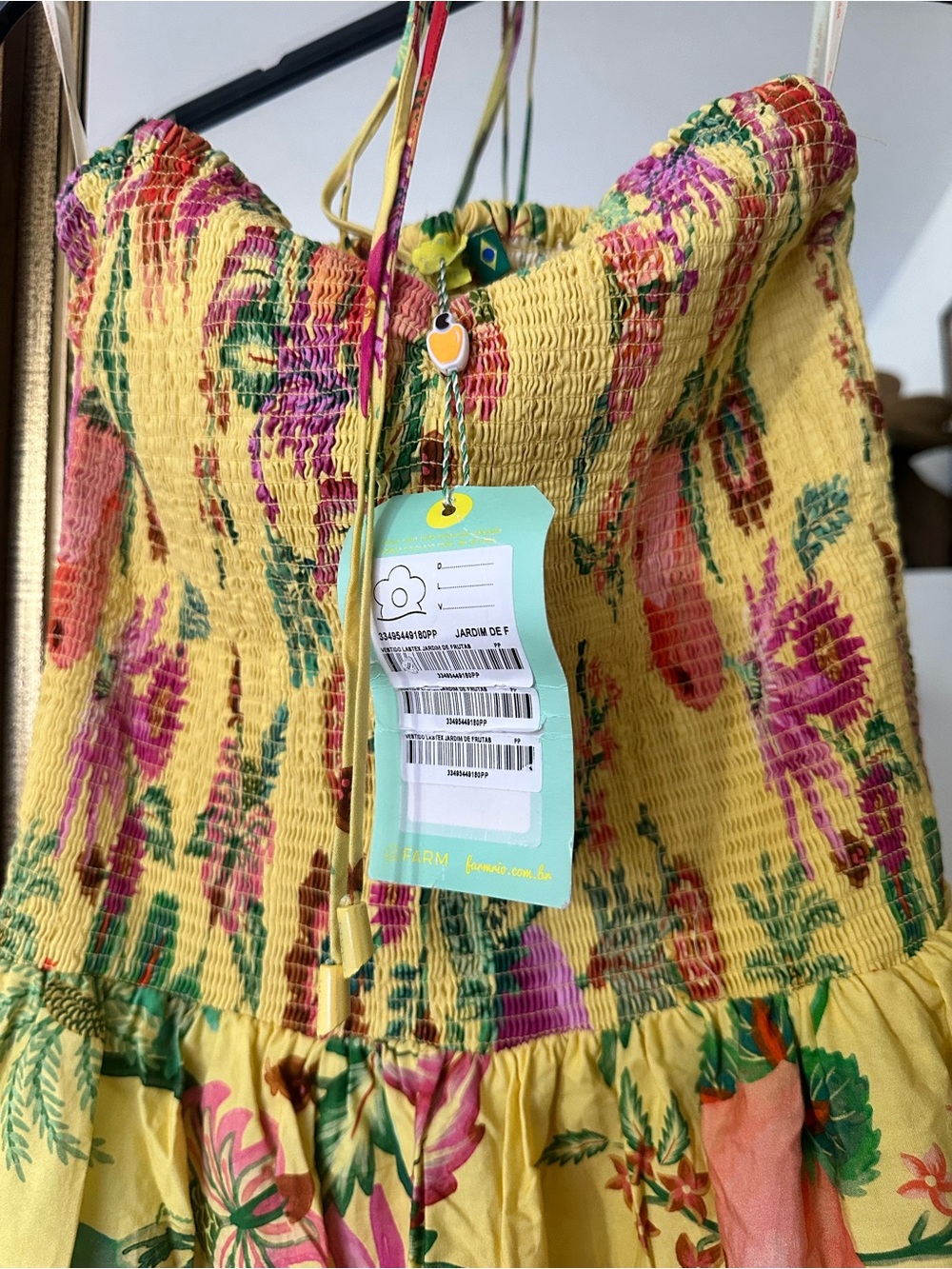 FARM Rio Yellow Tropical Floral & Fruit Tiered Maxi Dress with Pink Accents - Picture 7 of 9